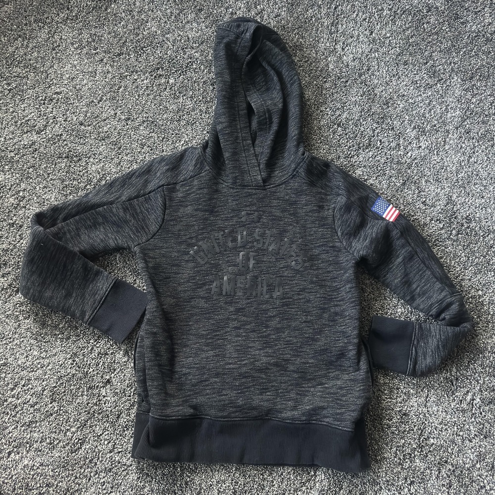Under Armour Hoodie Youth Small Gray USA Flag Sleeve Zip Pockets Tonal 1376524‎